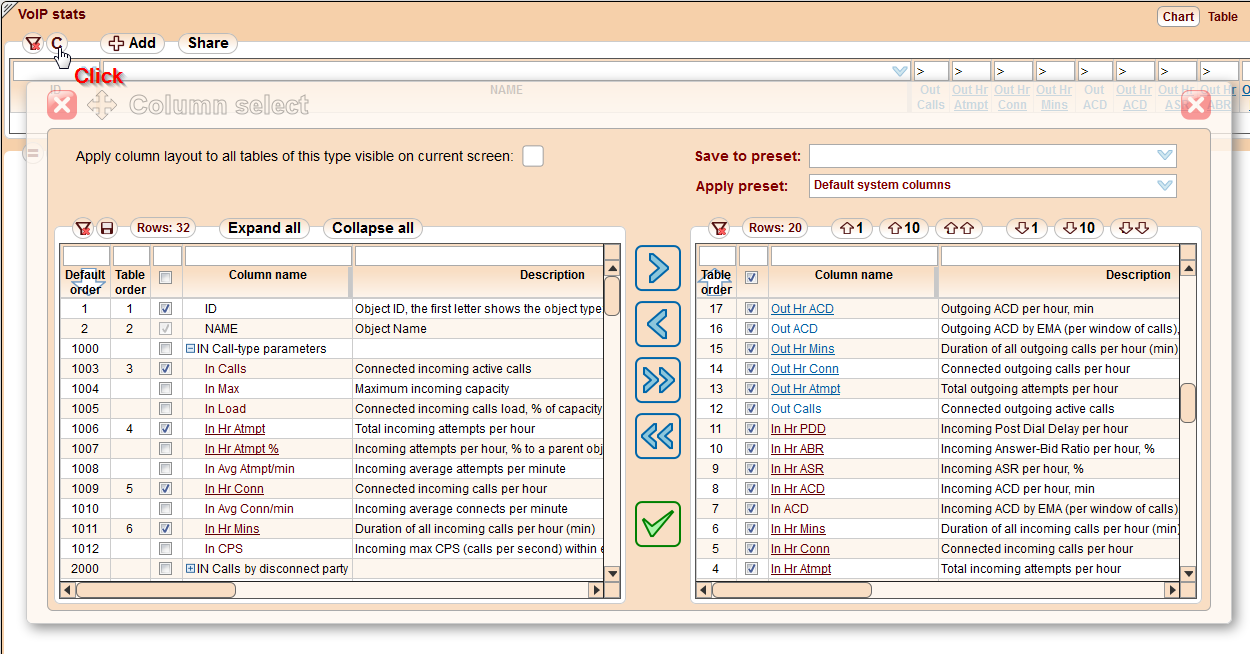 5gVision User interface, Main screen column selection