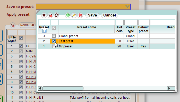 5gVision User interface, Main screen column selection