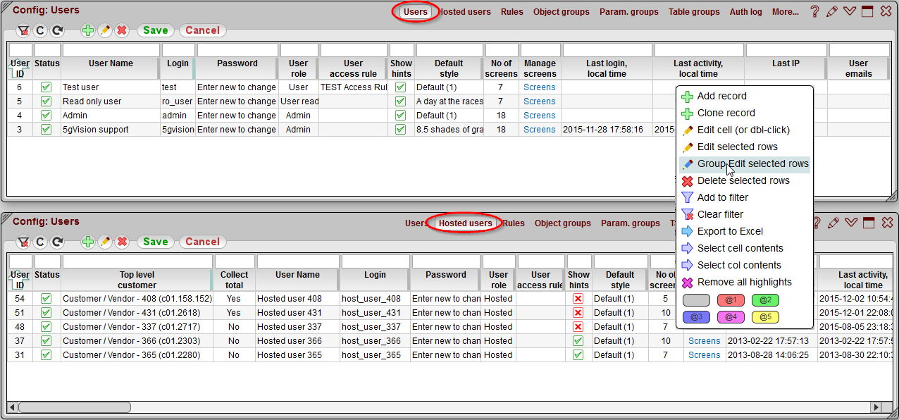 5gVision User interface, Config users overview