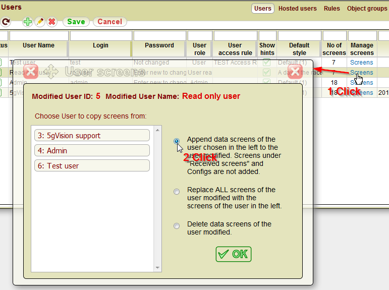 5gVision User interface, Config users managing users