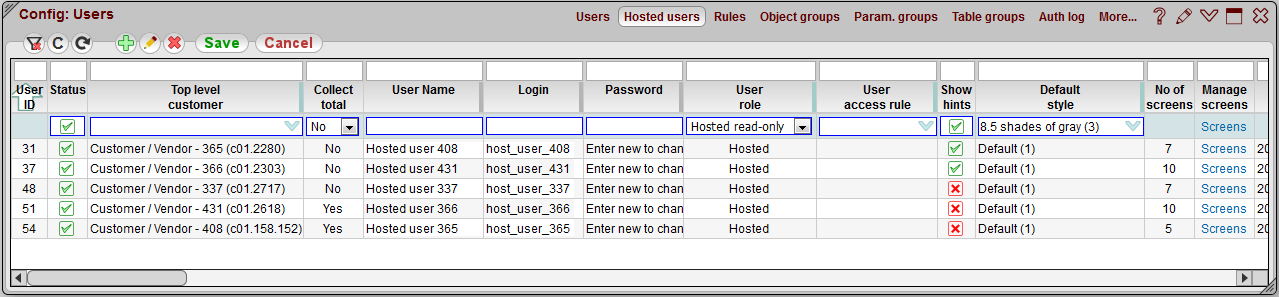 5gVision User interface, Config users hosted users