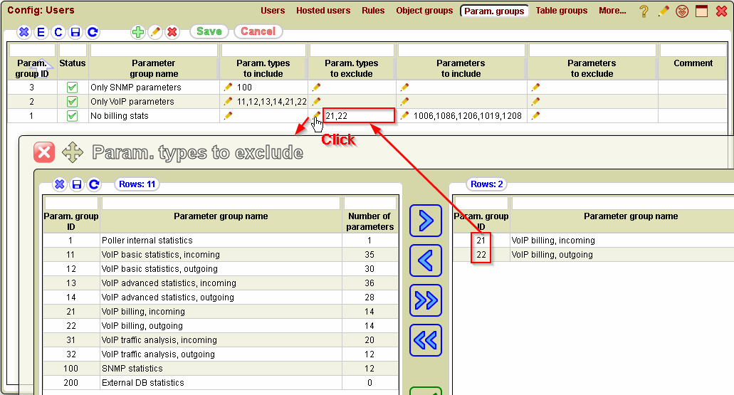 5gVision User interface, Config users parameter groups