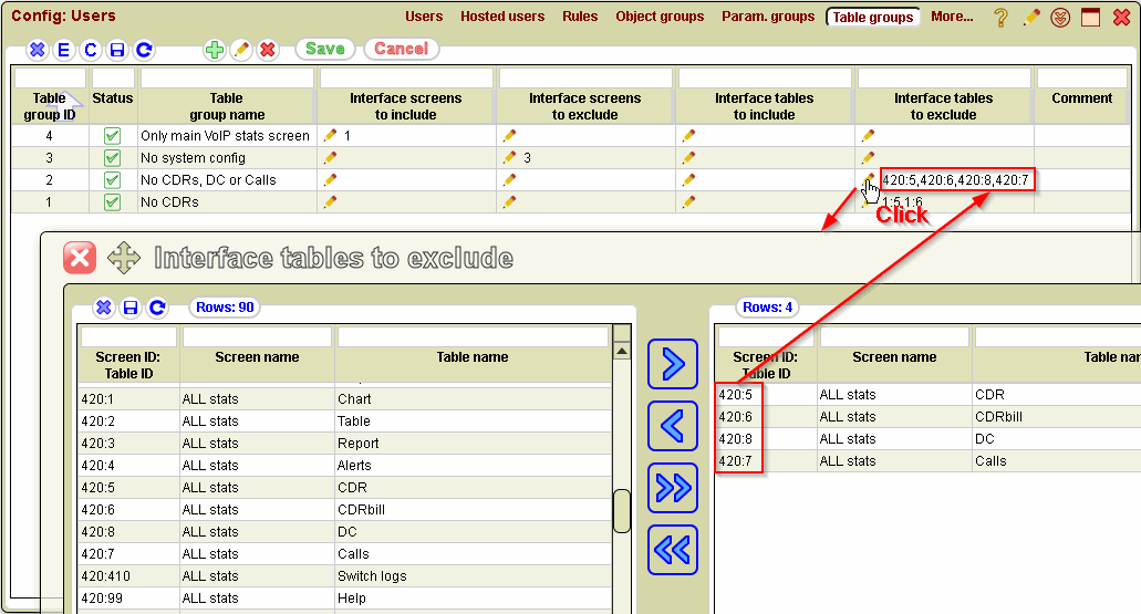 5gVision User interface, Config users table groups