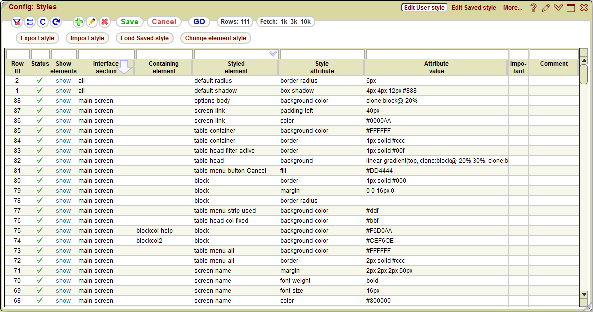 5gVision User interface, Config styles edit user style