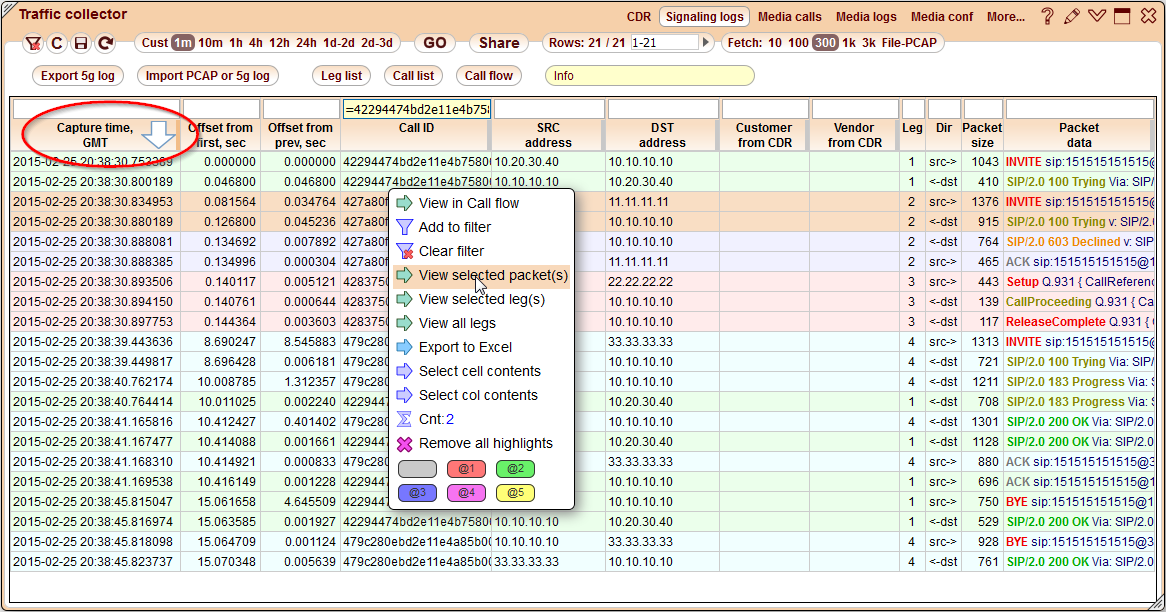 5gVision Traffic collector, Signaling collector table
