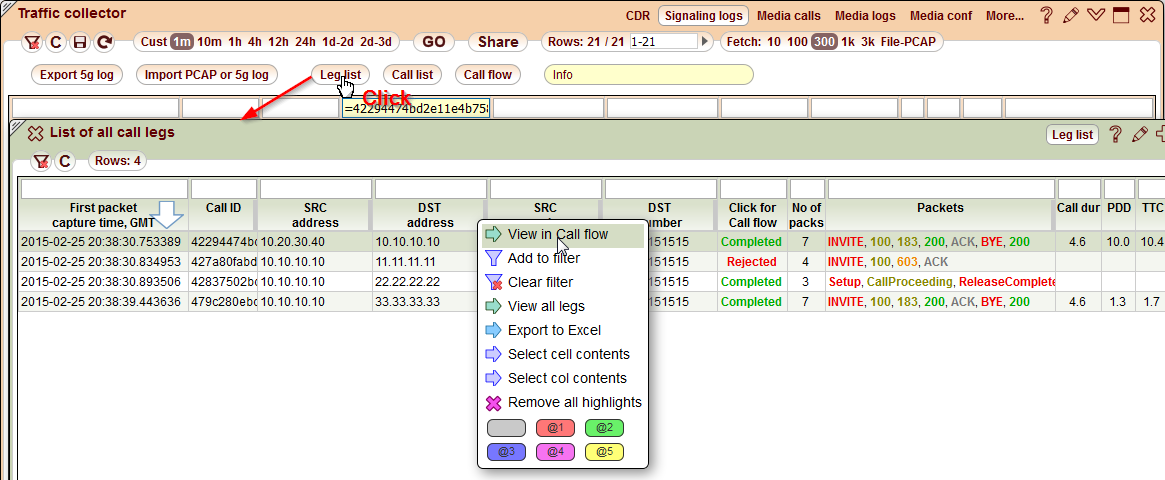 5gVision Traffic collector, Signaling collector leg list