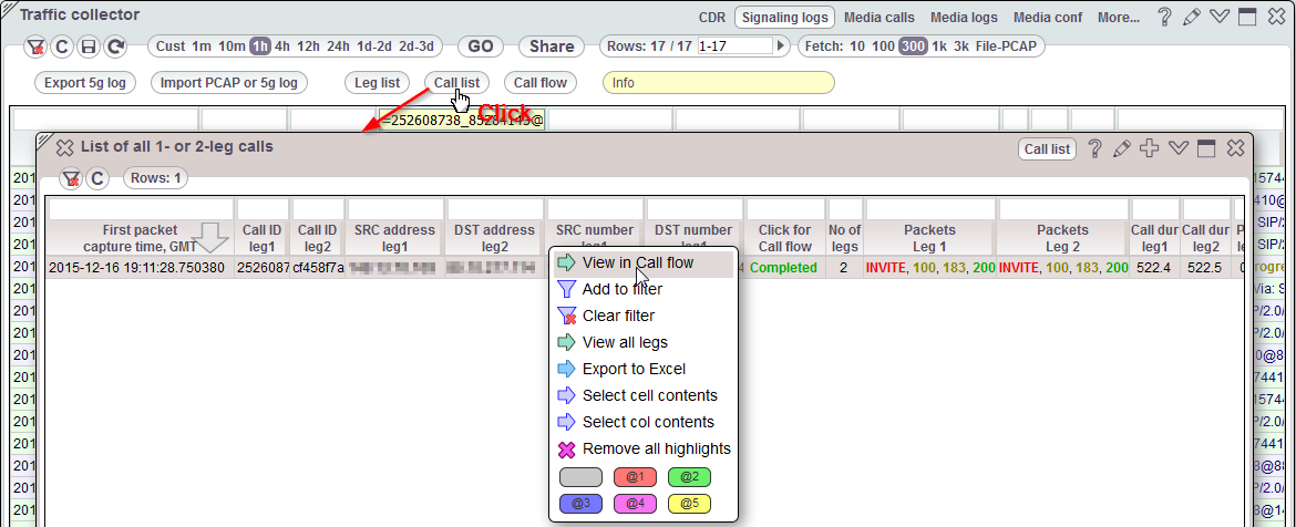 5gVision Traffic collector, Signaling collector call list