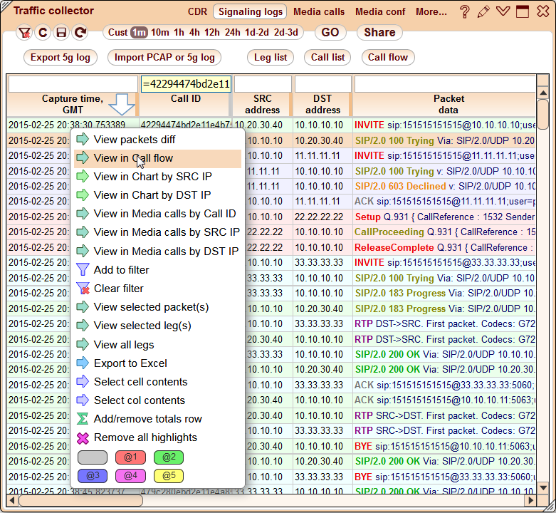 5gVision VoIP Monitor Signaling logs